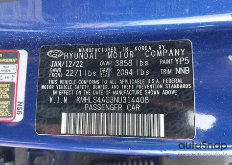 2022 Hyundai Elantra Sel from USA, damaged, VIN KMHLS4AG3NU314408